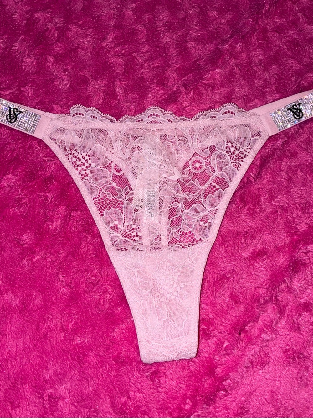 Victoria's Secret Very Sexy Light Pink Lace Thong with Rhinestone Logo Bands